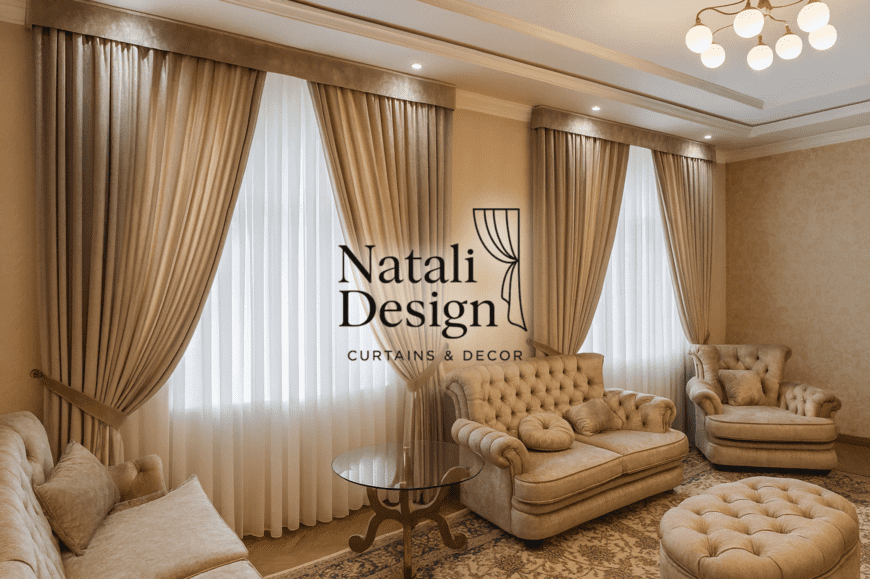 Классическая гостиная с бежевыми портьерами и мягкой тюлью — Natali Design